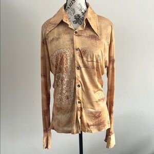 70s Orange Brown Satin Blouse Dagger Collar Dog Print Size Medium